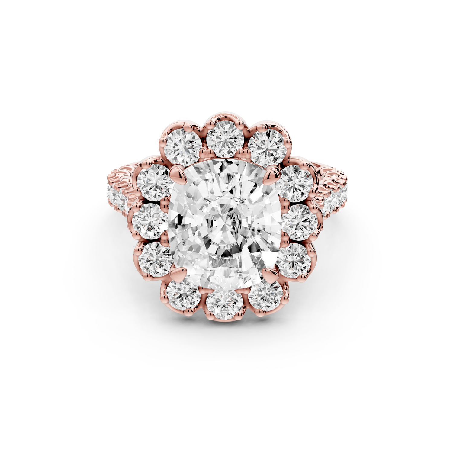 Anastasia - 4ct 18k rose gold ecushion Diamond with Floral Halo and Pavé engagement Ring - Mr. Alex Jewelry