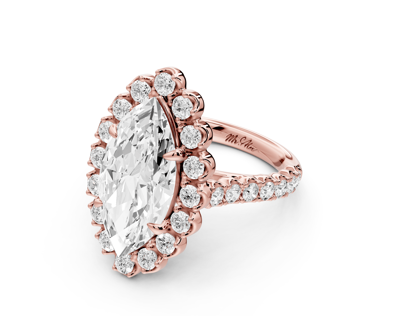 Anastasia - 4ct 18k rose gold marquise Diamond with Floral Halo and Pavé engagement Ring - Mr. Alex Jewelry