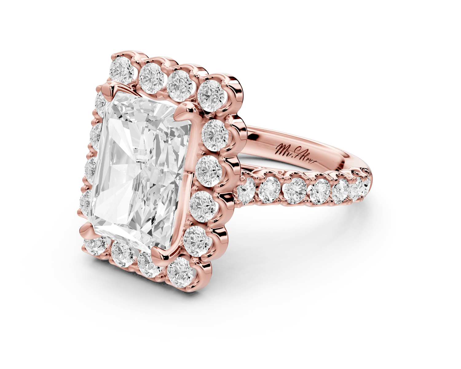 Anastasia - 4ct 18k rose gold radiant Diamond with Floral Halo and Pavé engagement Ring - Mr. Alex Jewelry