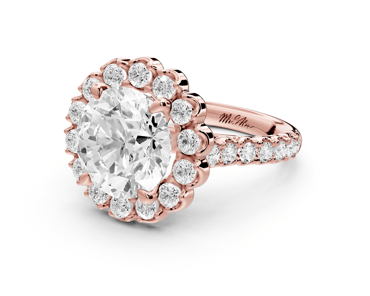 Anastasia - 4ct 18k rose gold round Diamond with Floral Halo and Pavé engagement Ring - Mr. Alex Jewelry
