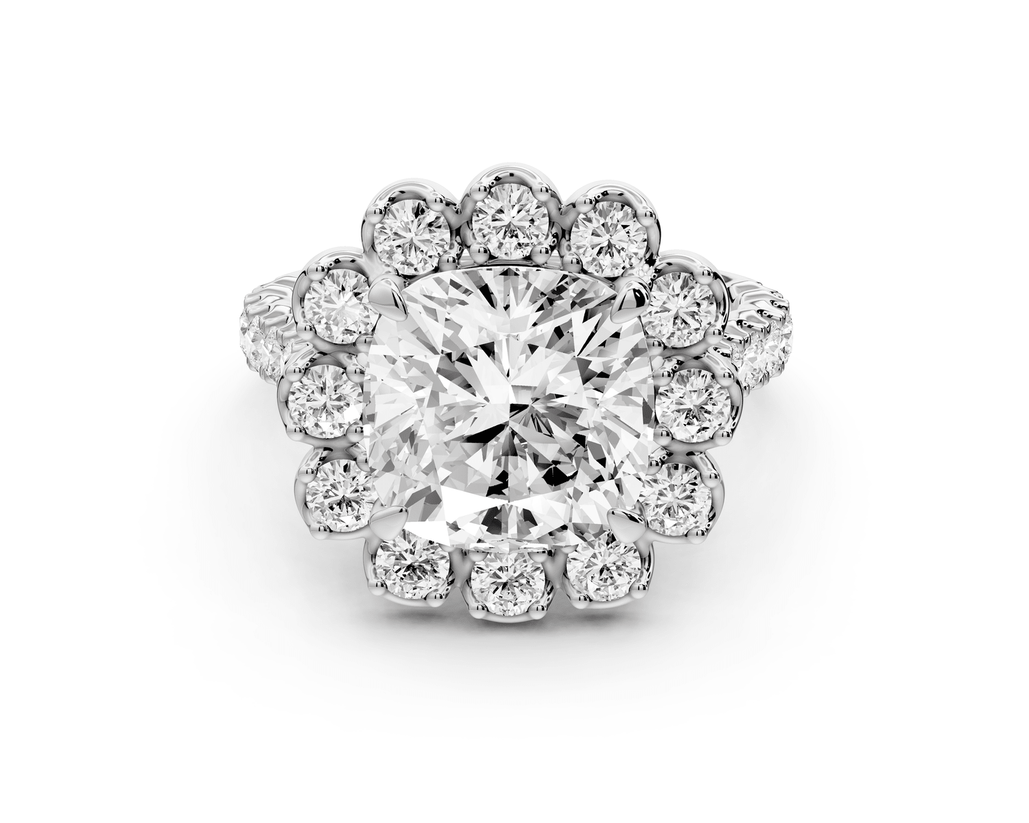 Anastasia - 4ct 18k white gold cushion Diamond with Floral Halo and Pavé engagement Ring - Mr. Alex Jewelry