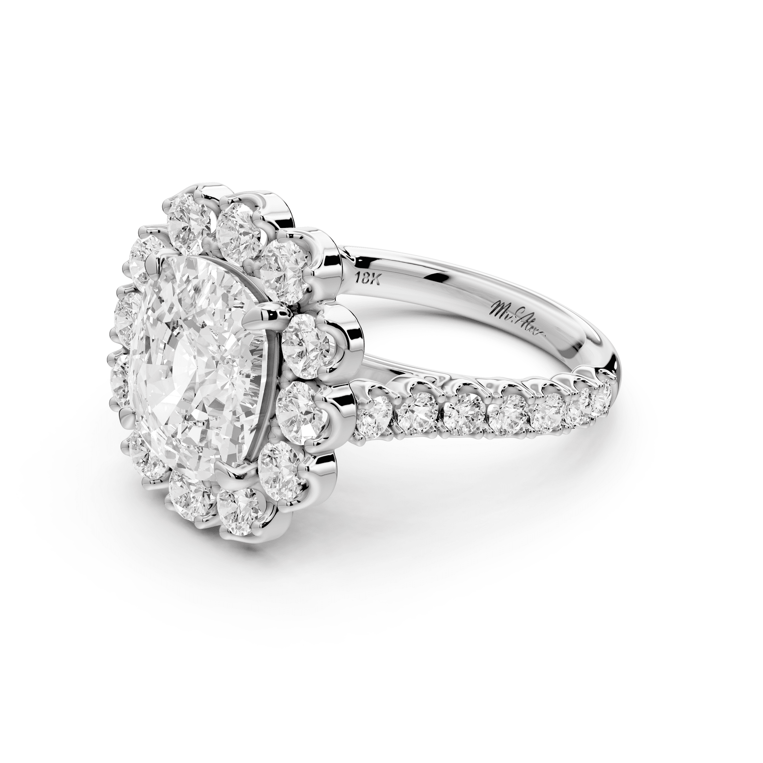 Anastasia - 4ct 18k white gold ecushion Diamond with Floral Halo and Pavé engagement Ring - Mr. Alex Jewelry