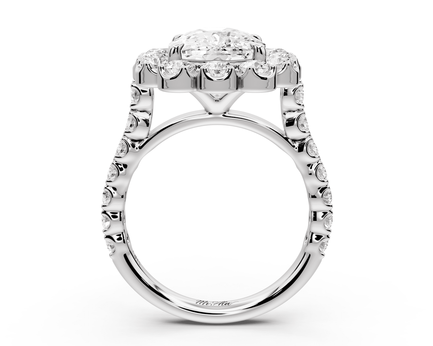 Anastasia - 4ct 18k white gold ecushion Diamond with Floral Halo and Pavé engagement Ring - Mr. Alex Jewelry