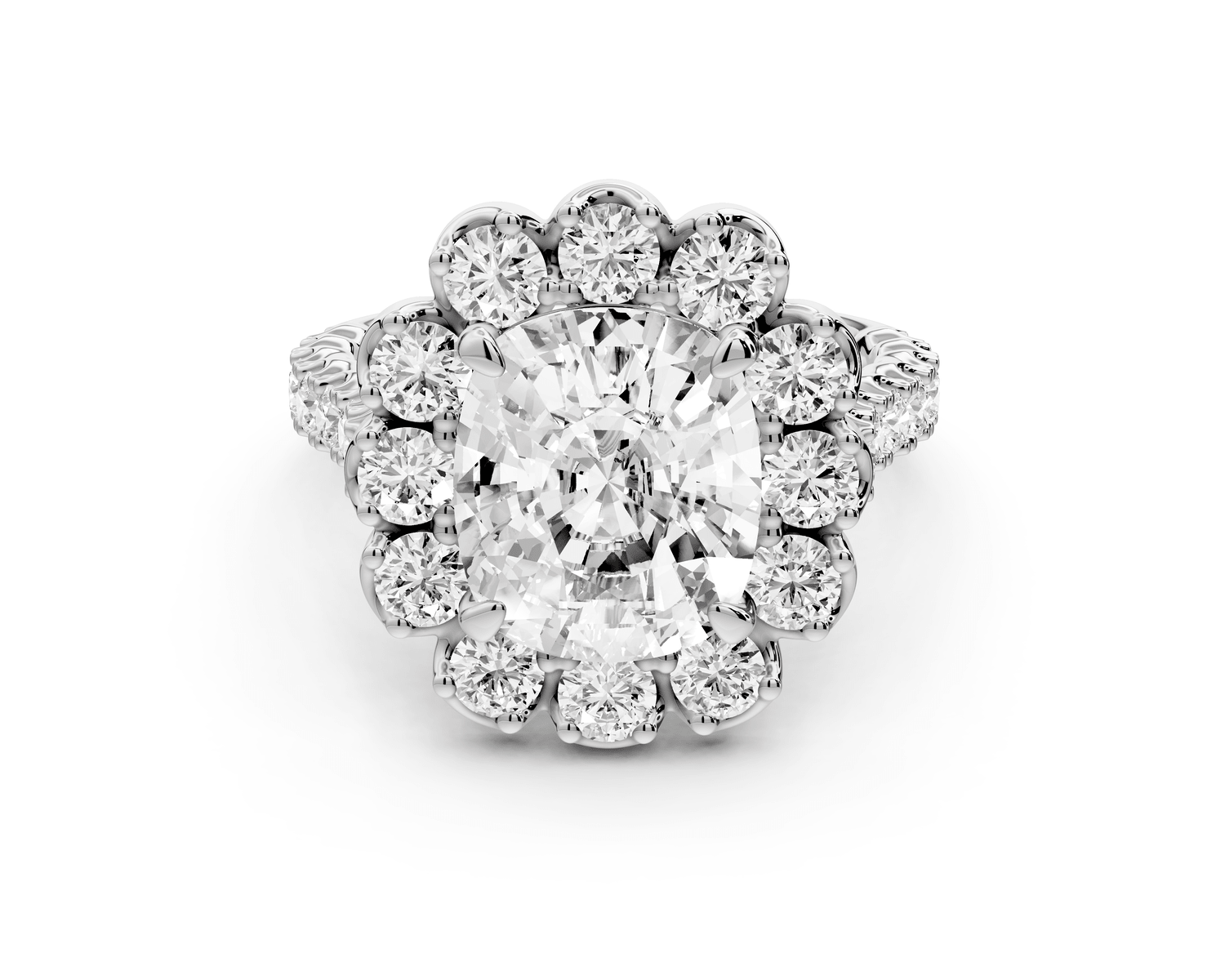 Anastasia - 4ct 18k white gold ecushion Diamond with Floral Halo and Pavé engagement Ring - Mr. Alex Jewelry