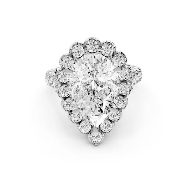 Anastasia - 4ct 18k white gold pear Diamond with Floral Halo and Pavé engagement Ring - Mr. Alex Jewelry