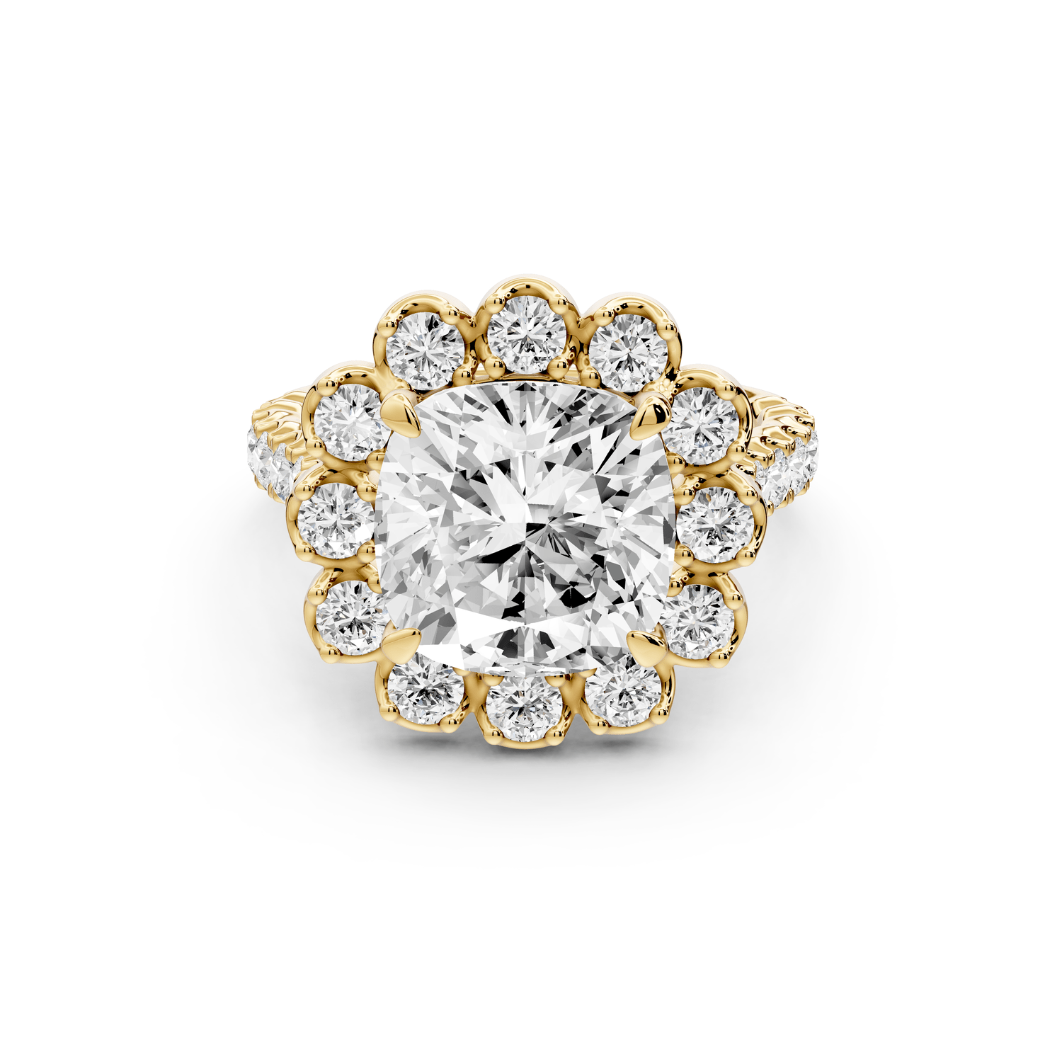 Anastasia - 4ct 18k yellow gold cushion Diamond with Floral Halo and Pavé engagement Ring - Mr. Alex Jewelry