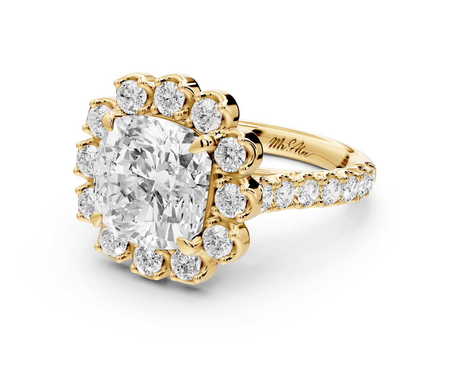 Anastasia - 4ct 18k yellow gold cushion Diamond with Floral Halo and Pavé engagement Ring - Mr. Alex Jewelry