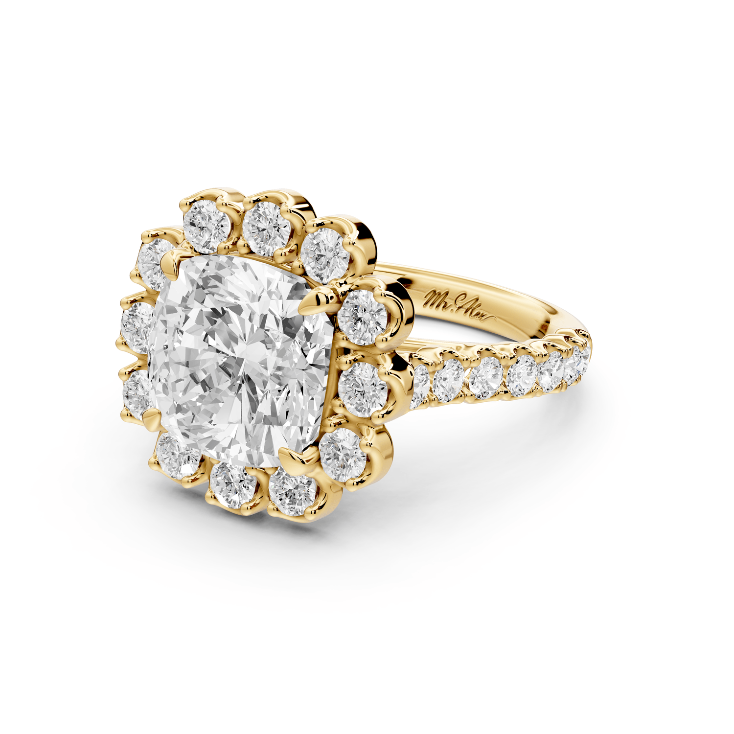 Anastasia - 4ct 18k yellow gold cushion Diamond with Floral Halo and Pavé engagement Ring - Mr. Alex Jewelry