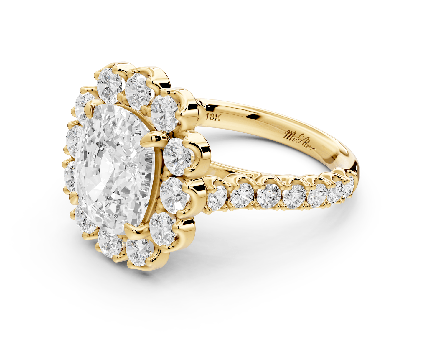 Anastasia - 4ct 18k yellow gold ecushion Diamond with Floral Halo and Pavé engagement Ring - Mr. Alex Jewelry