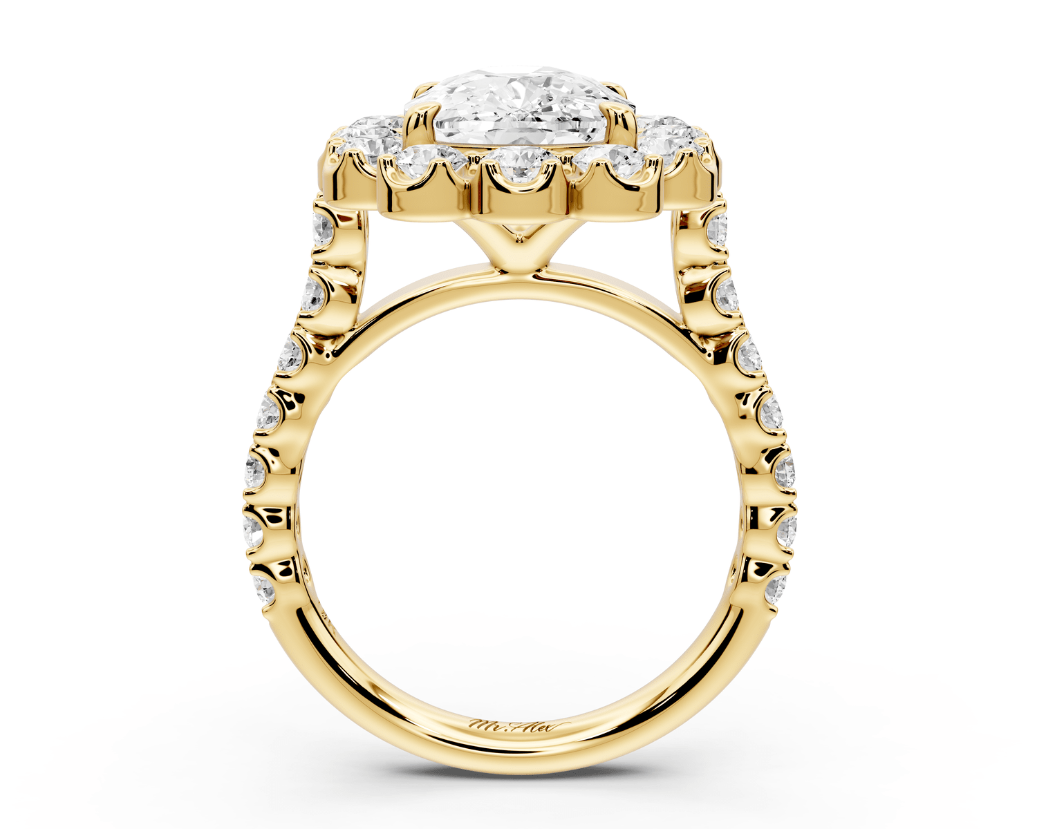 Anastasia - 4ct 18k yellow gold ecushion Diamond with Floral Halo and Pavé engagement Ring - Mr. Alex Jewelry