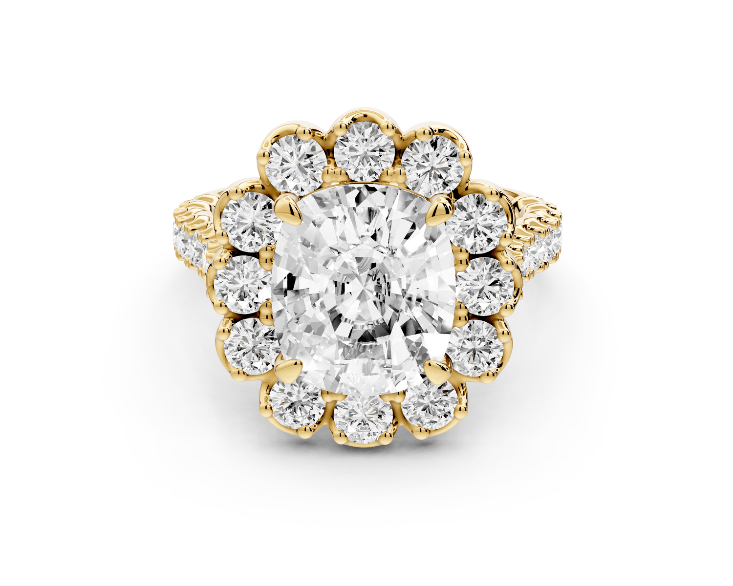 Anastasia - 4ct 18k yellow gold ecushion Diamond with Floral Halo and Pavé engagement Ring - Mr. Alex Jewelry