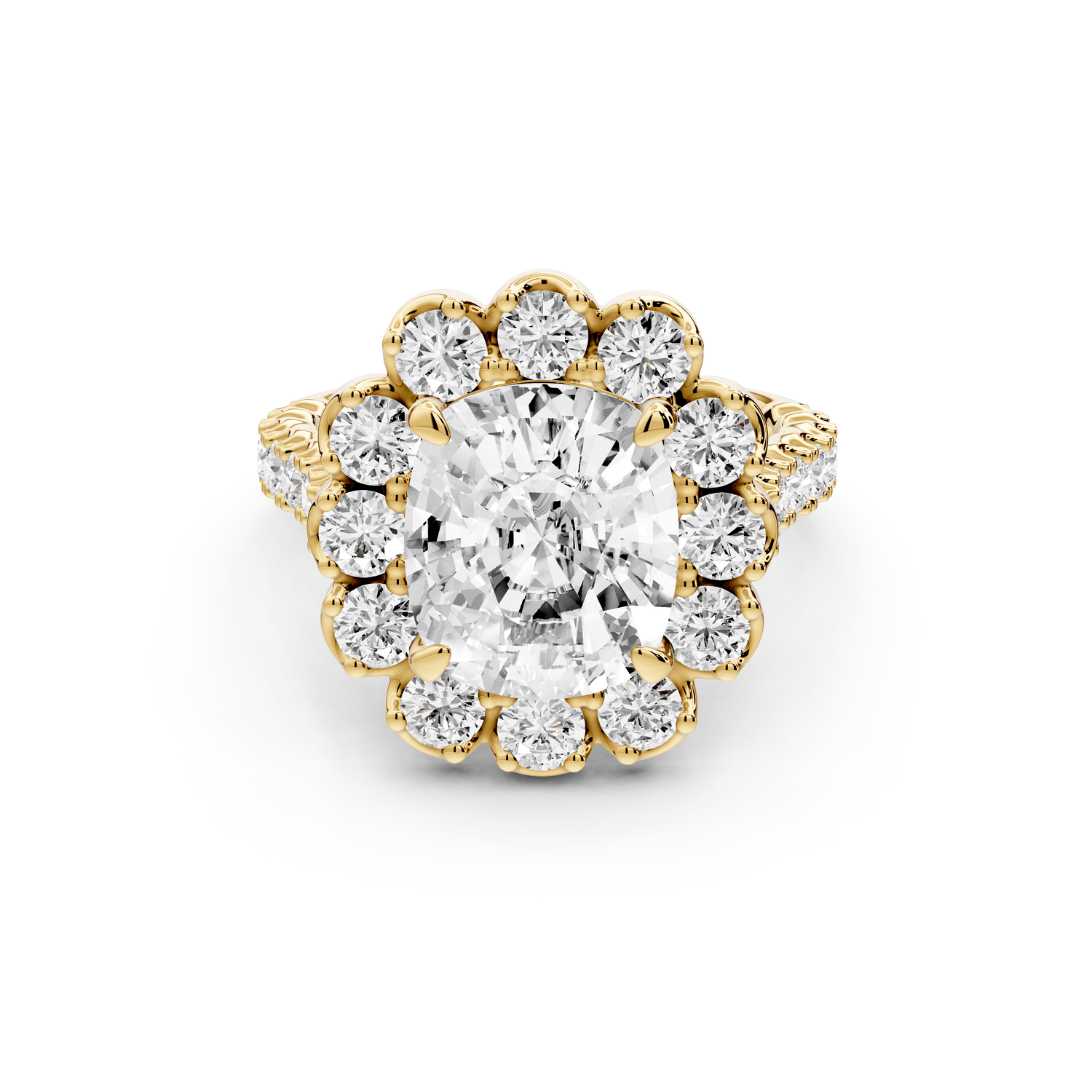 Anastasia - 4ct 18k yellow gold ecushion Diamond with Floral Halo and Pavé engagement Ring - Mr. Alex Jewelry