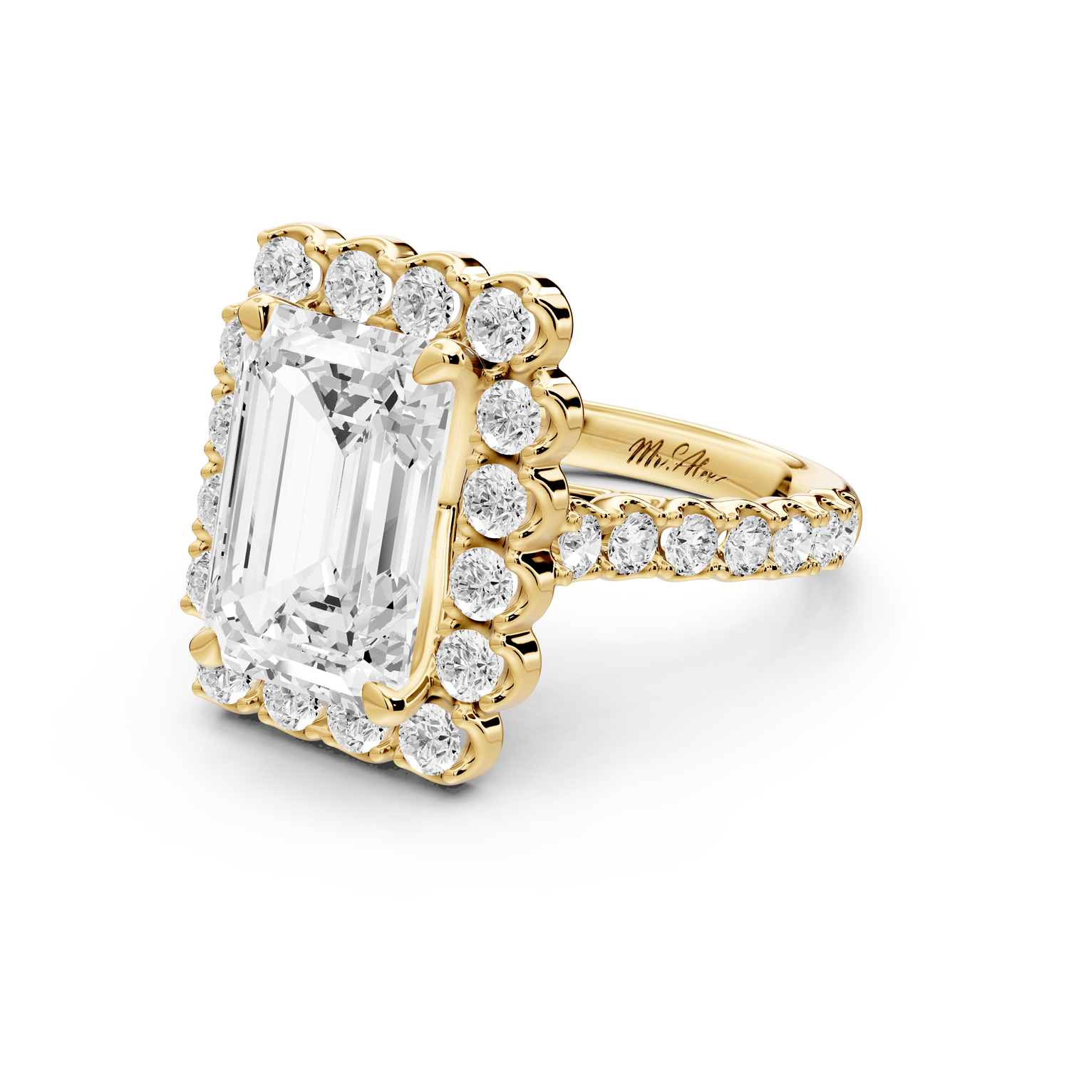 Anastasia - 4ct 18k yellow gold emerald Diamond with Floral Halo and Pavé engagement Ring - Mr. Alex Jewelry