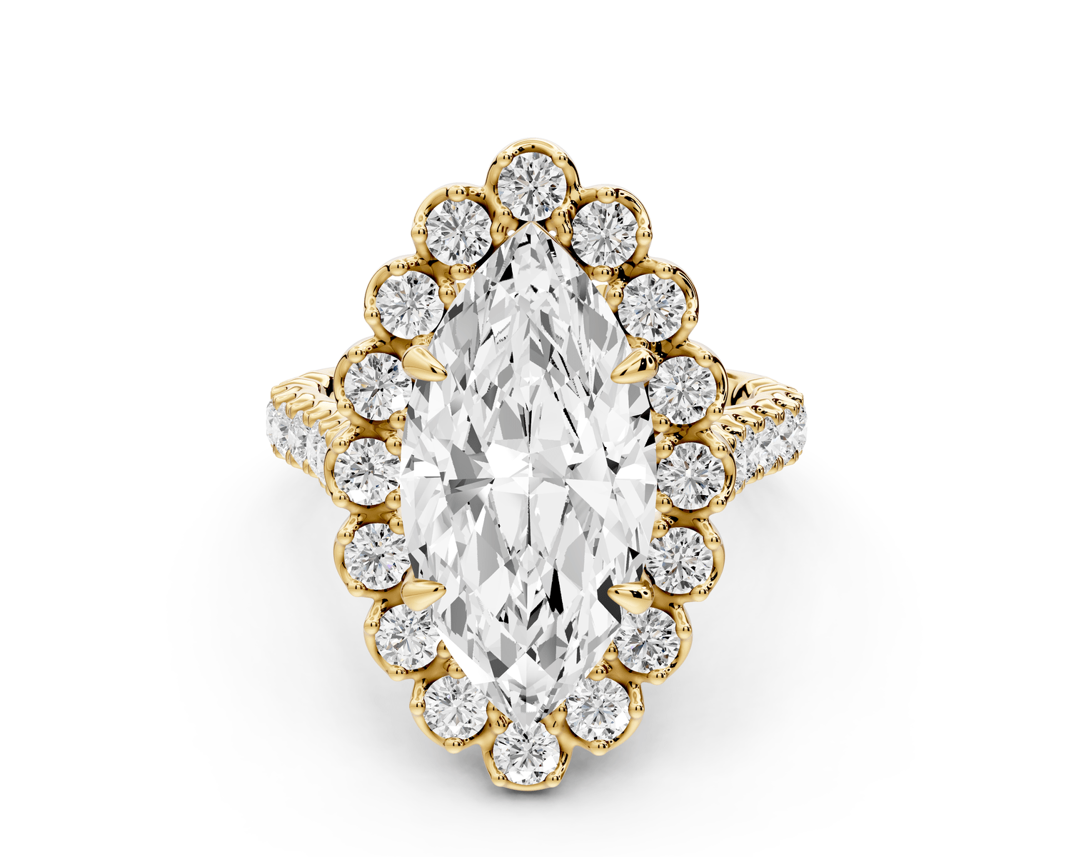 Anastasia - 4ct 18k yellow gold marquise Diamond with Floral Halo and Pavé engagement Ring - Mr. Alex Jewelry