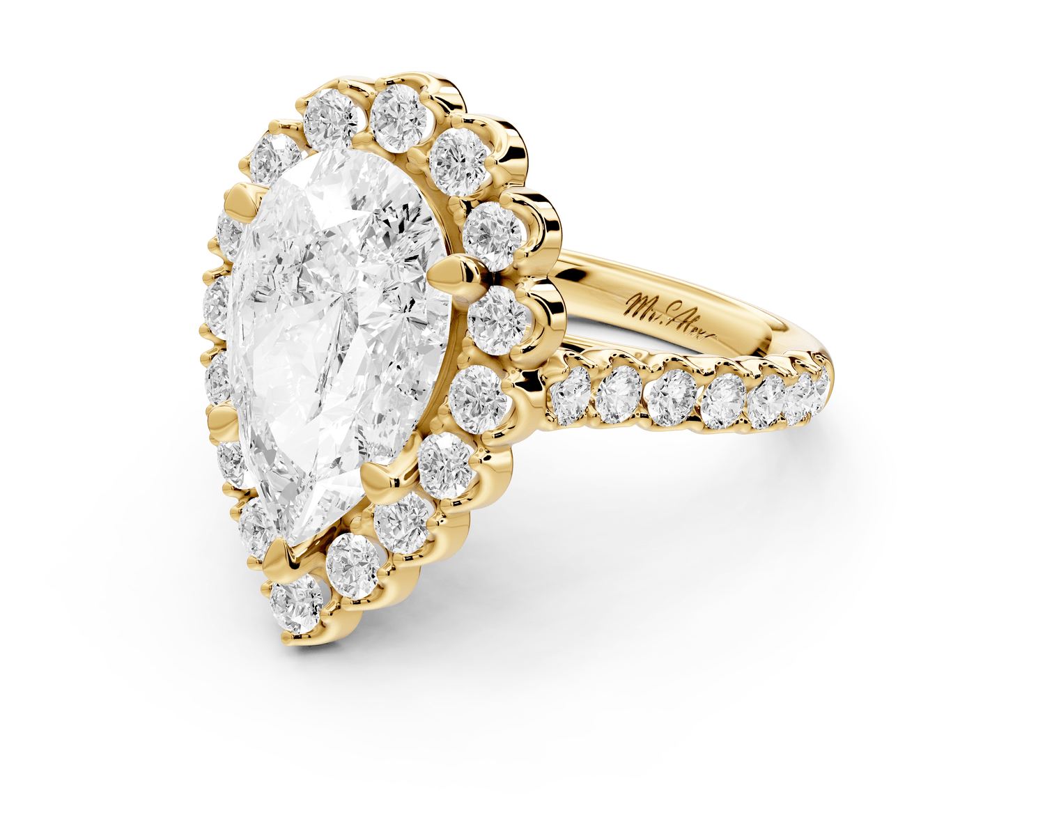 Anastasia - 4ct 18k yellow gold pear Diamond with Floral Halo and Pavé engagement Ring - Mr. Alex Jewelry