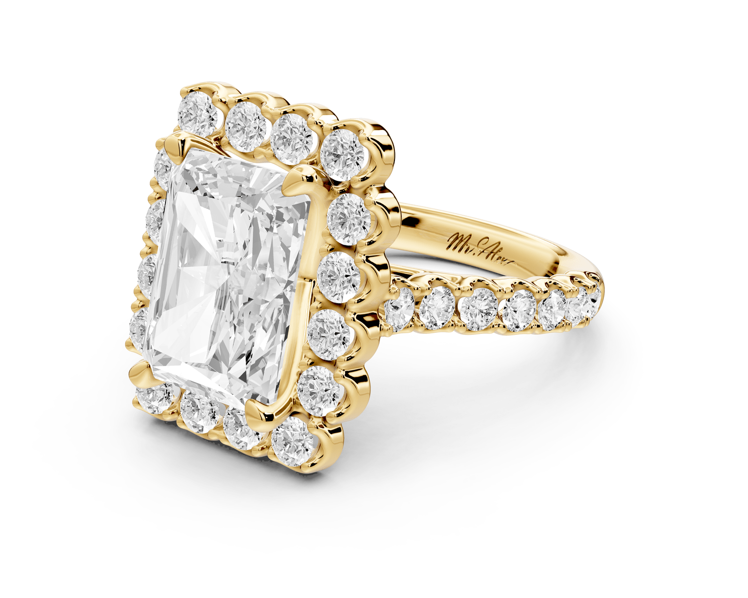 Anastasia - 4ct 18k yellow gold radiant Diamond with Floral Halo and Pavé engagement Ring - Mr. Alex Jewelry