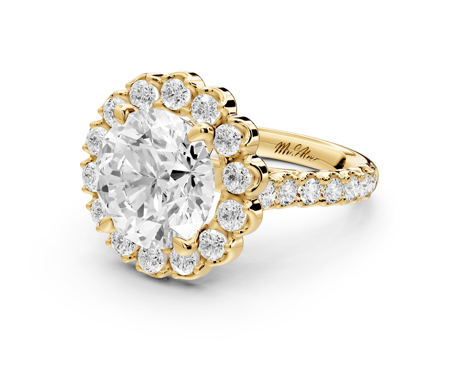 Anastasia - 4ct 18k yellow gold round Diamond with Floral Halo and Pavé engagement Ring - Mr. Alex Jewelry