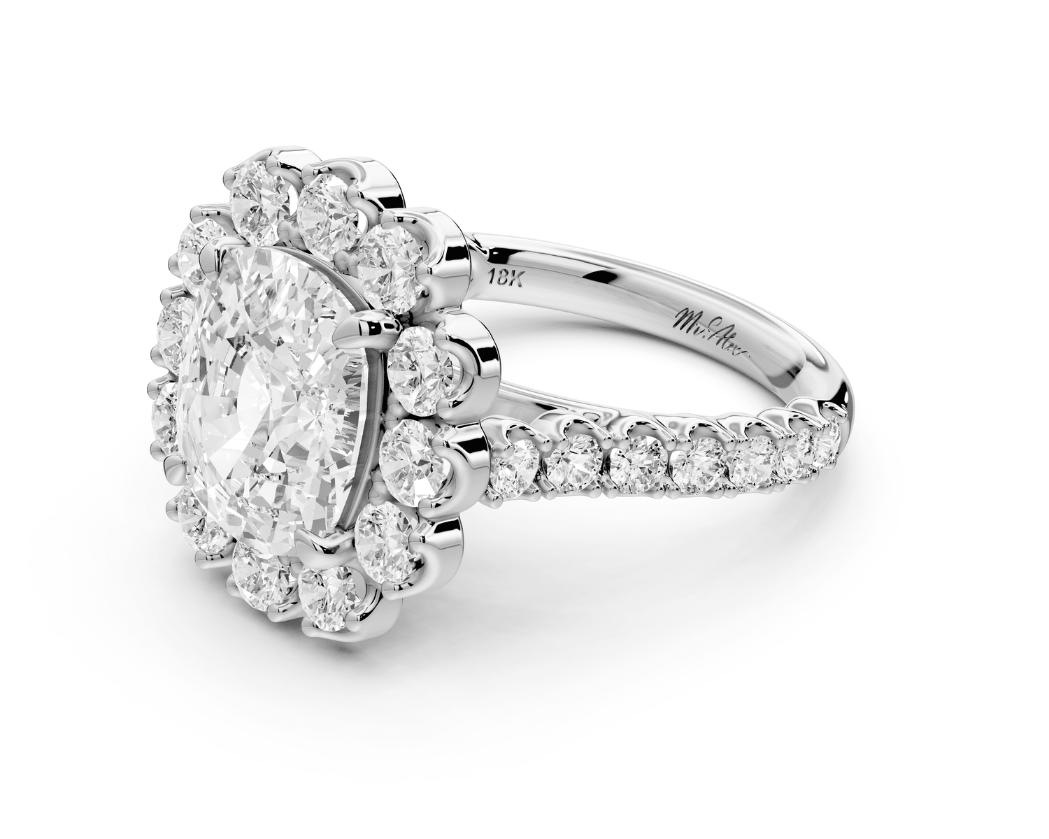 Anastasia - 4ct platinum ecushion Diamond with Floral Halo and Pavé engagement Ring - Mr. Alex Jewelry