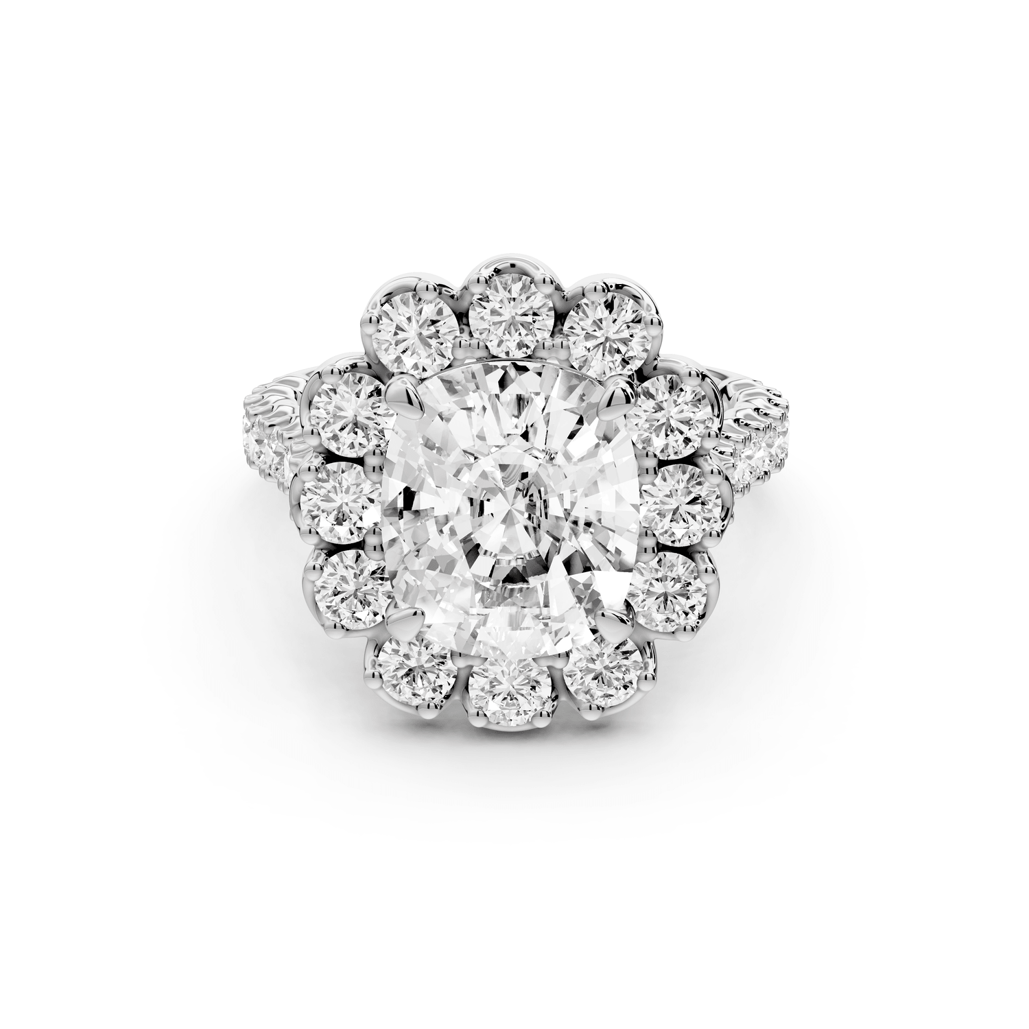 Anastasia - 4ct platinum ecushion Diamond with Floral Halo and Pavé engagement Ring - Mr. Alex Jewelry