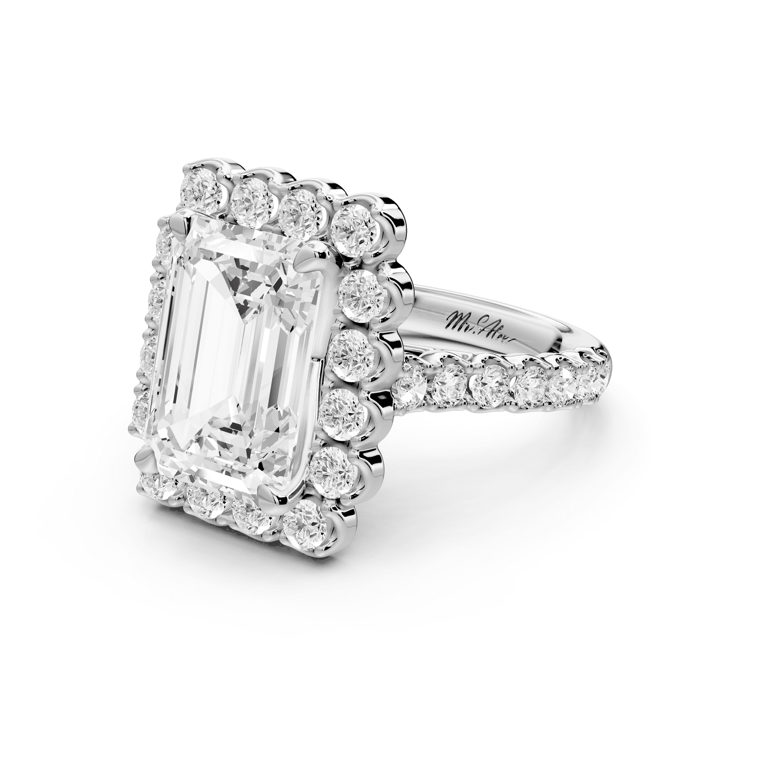 Anastasia - 4ct platinum emerald Diamond with Floral Halo and Pavé engagement Ring - Mr. Alex Jewelry