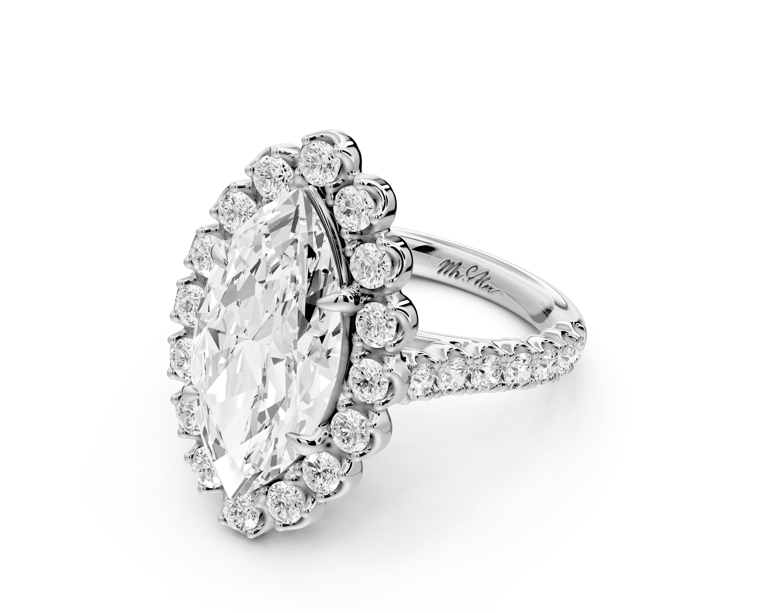 Anastasia - 4ct platinum marquise Diamond with Floral Halo and Pavé engagement Ring - Mr. Alex Jewelry