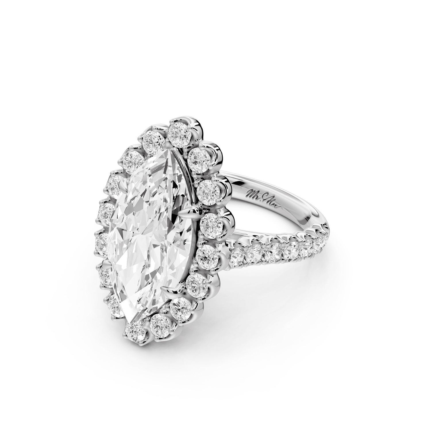 Anastasia - 4ct platinum marquise Diamond with Floral Halo and Pavé engagement Ring - Mr. Alex Jewelry