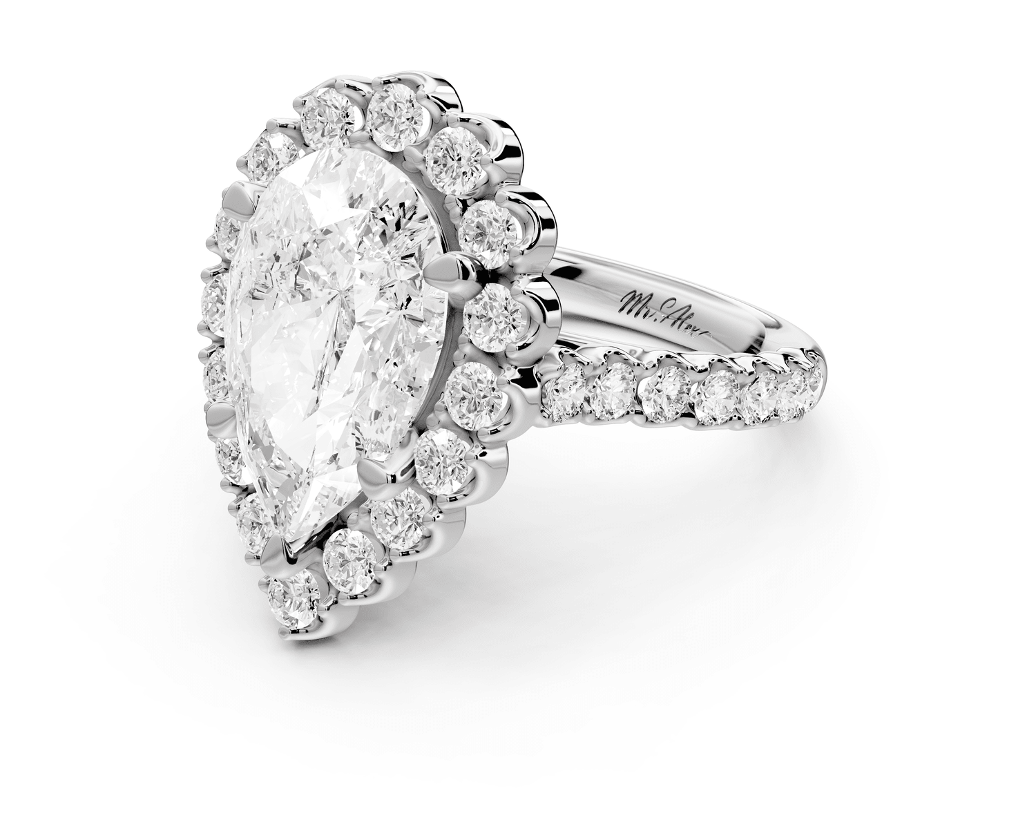 Anastasia - 4ct platinum pear Diamond with Floral Halo and Pavé engagement Ring - Mr. Alex Jewelry
