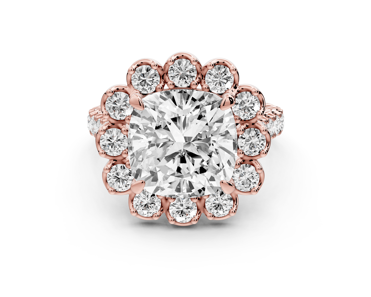 Anastasia - 5ct 14k rose gold cushion Diamond with Floral Halo and Pavé engagement Ring - Mr. Alex Jewelry