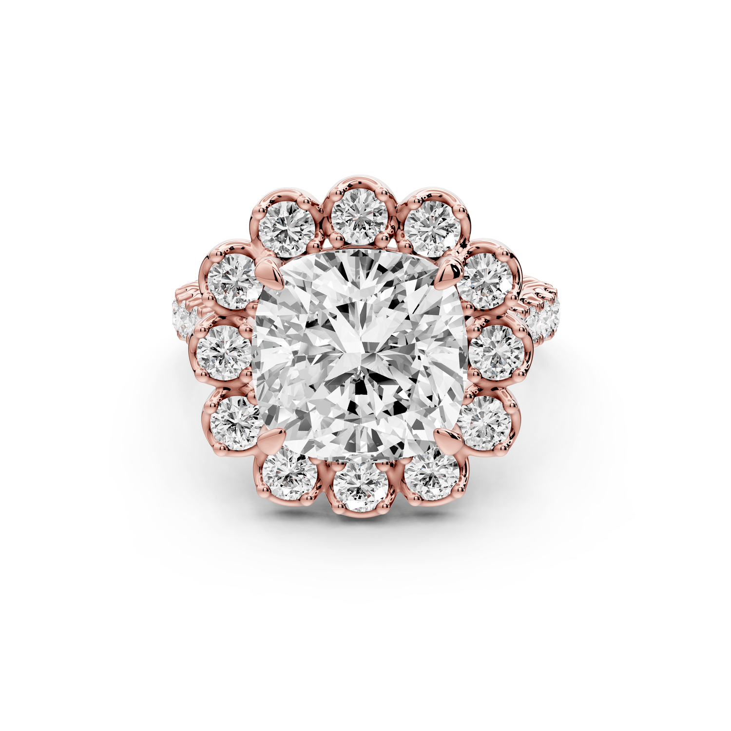 Anastasia - 5ct 14k rose gold cushion Diamond with Floral Halo and Pavé engagement Ring - Mr. Alex Jewelry