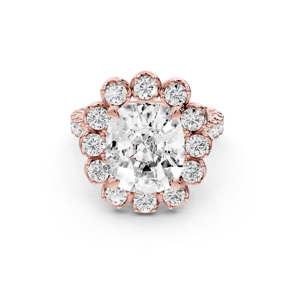 Anastasia - 5ct 14k rose gold ecushion Diamond with Floral Halo and Pavé engagement Ring - Mr. Alex Jewelry