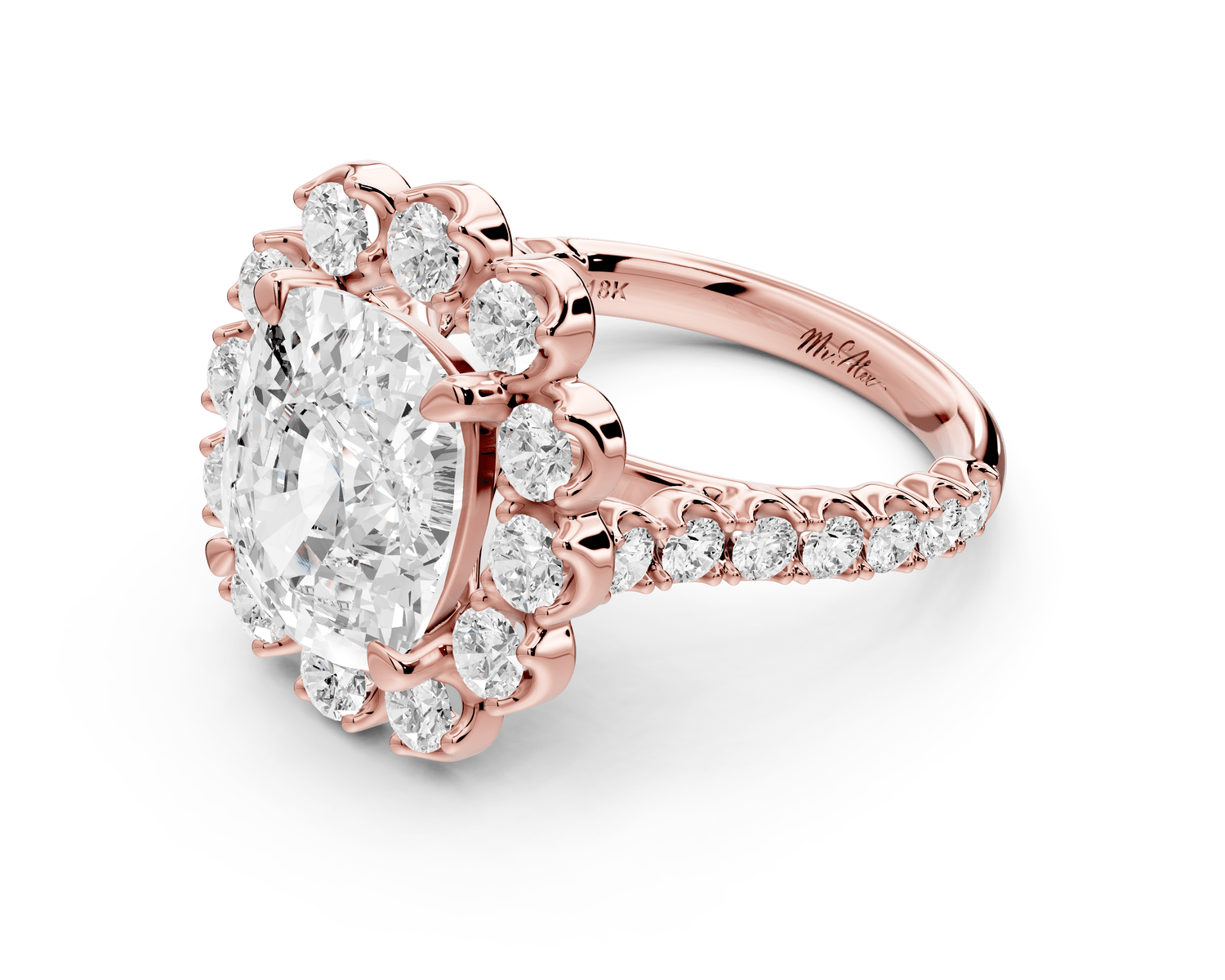 Anastasia - 5ct 14k rose gold ecushion Diamond with Floral Halo and Pavé engagement Ring - Mr. Alex Jewelry