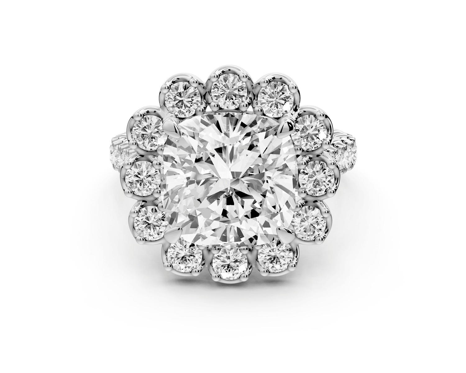 Anastasia - 5ct 14k white gold cushion Diamond with Floral Halo and Pavé engagement Ring - Mr. Alex Jewelry