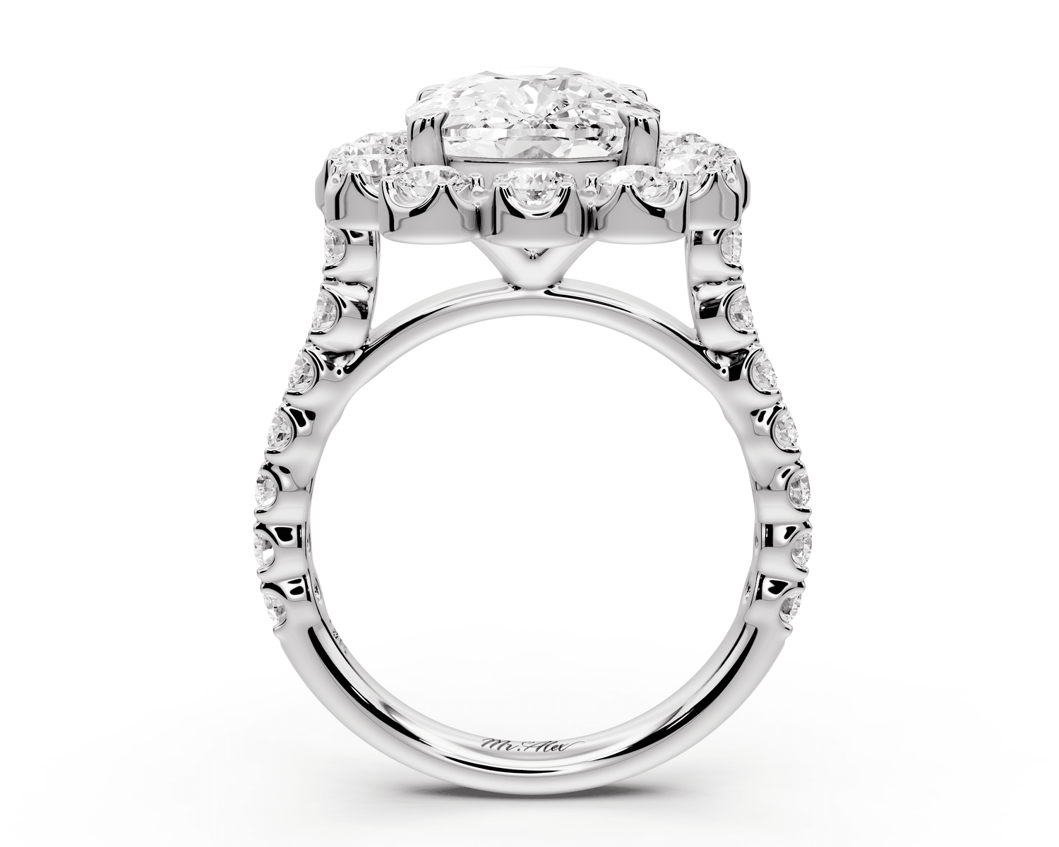 Anastasia - 5ct 14k white gold ecushion Diamond with Floral Halo and Pavé engagement Ring - Mr. Alex Jewelry
