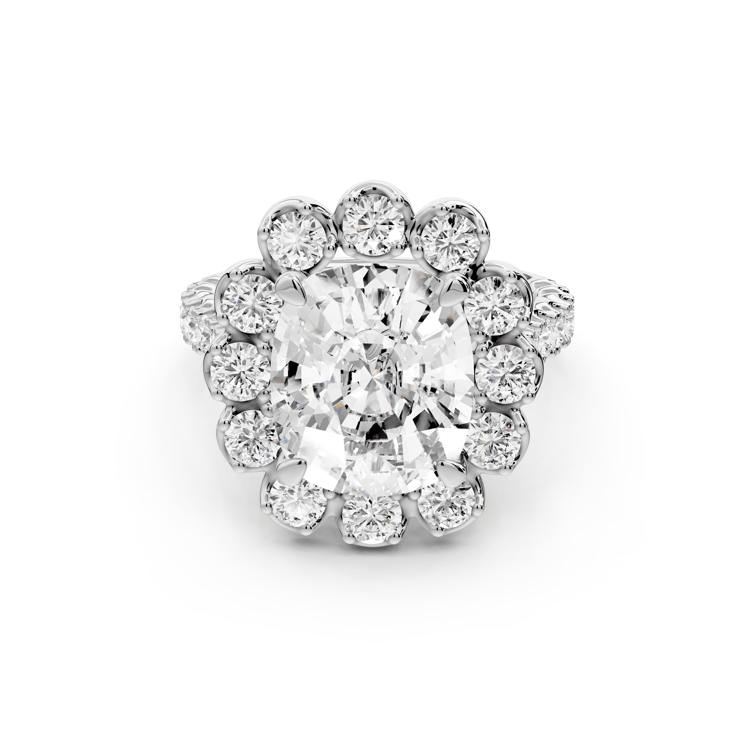Anastasia - 5ct 14k white gold ecushion Diamond with Floral Halo and Pavé engagement Ring - Mr. Alex Jewelry