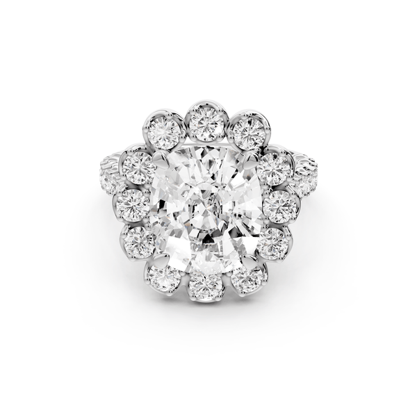 Anastasia - 5ct 14k white gold ecushion Diamond with Floral Halo and Pavé engagement Ring - Mr. Alex Jewelry