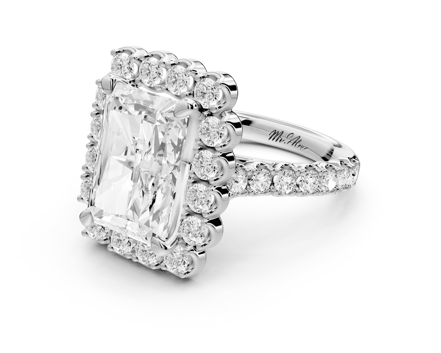 Anastasia - 5ct 14k white gold radiant Diamond with Floral Halo and Pavé engagement Ring - Mr. Alex Jewelry