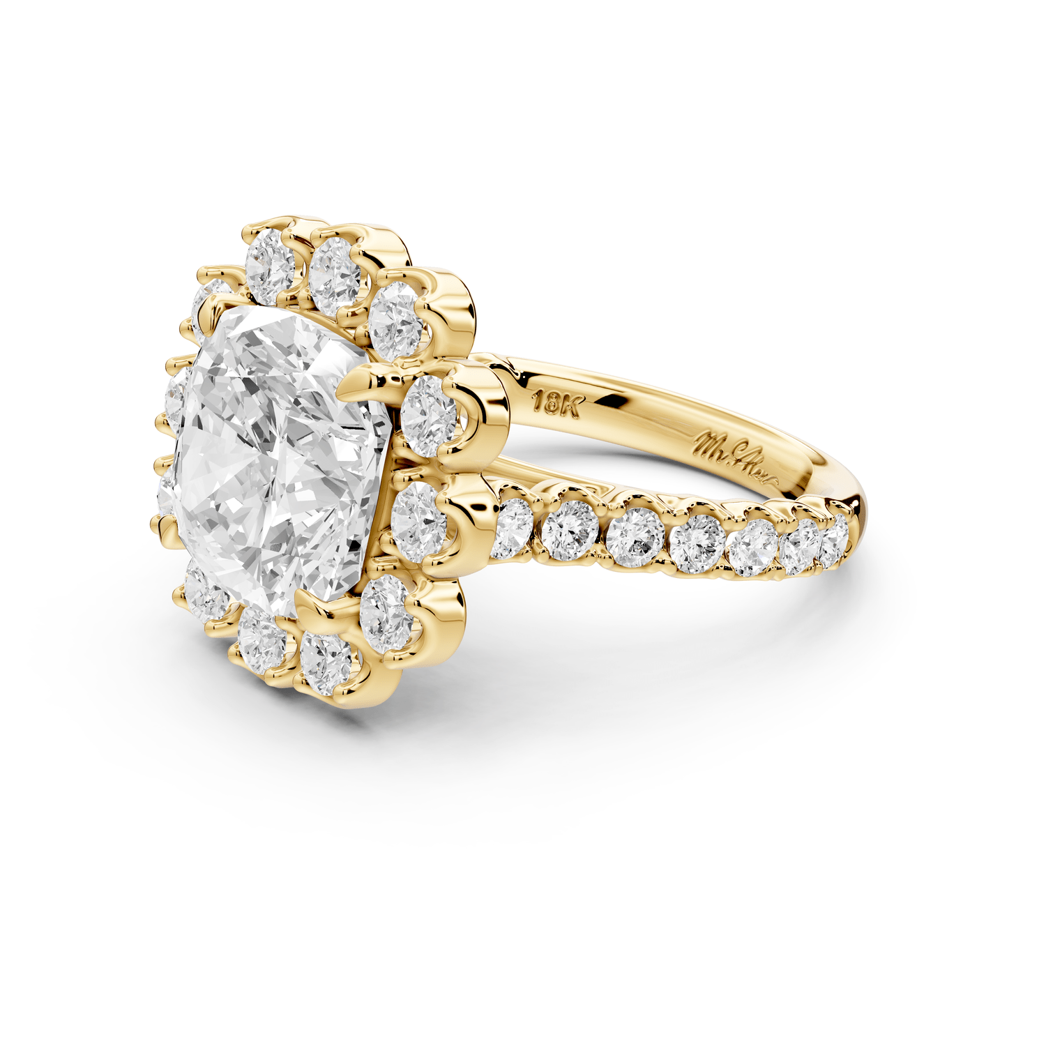 Anastasia - 5ct 14k yellow gold cushion Diamond with Floral Halo and Pavé engagement Ring - Mr. Alex Jewelry