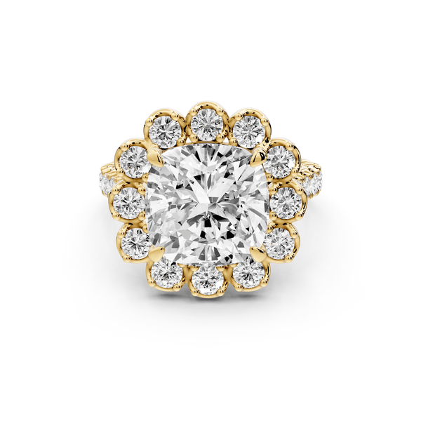 Anastasia - 5ct 14k yellow gold cushion Diamond with Floral Halo and Pavé engagement Ring - Mr. Alex Jewelry