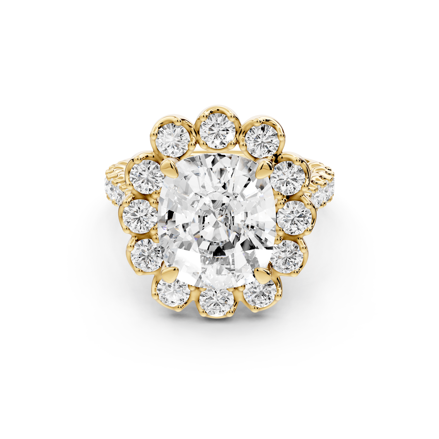 Anastasia - 5ct 14k yellow gold ecushion Diamond with Floral Halo and Pavé engagement Ring - Mr. Alex Jewelry