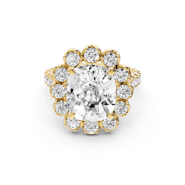 Anastasia - 5ct 14k yellow gold ecushion Diamond with Floral Halo and Pavé engagement Ring - Mr. Alex Jewelry