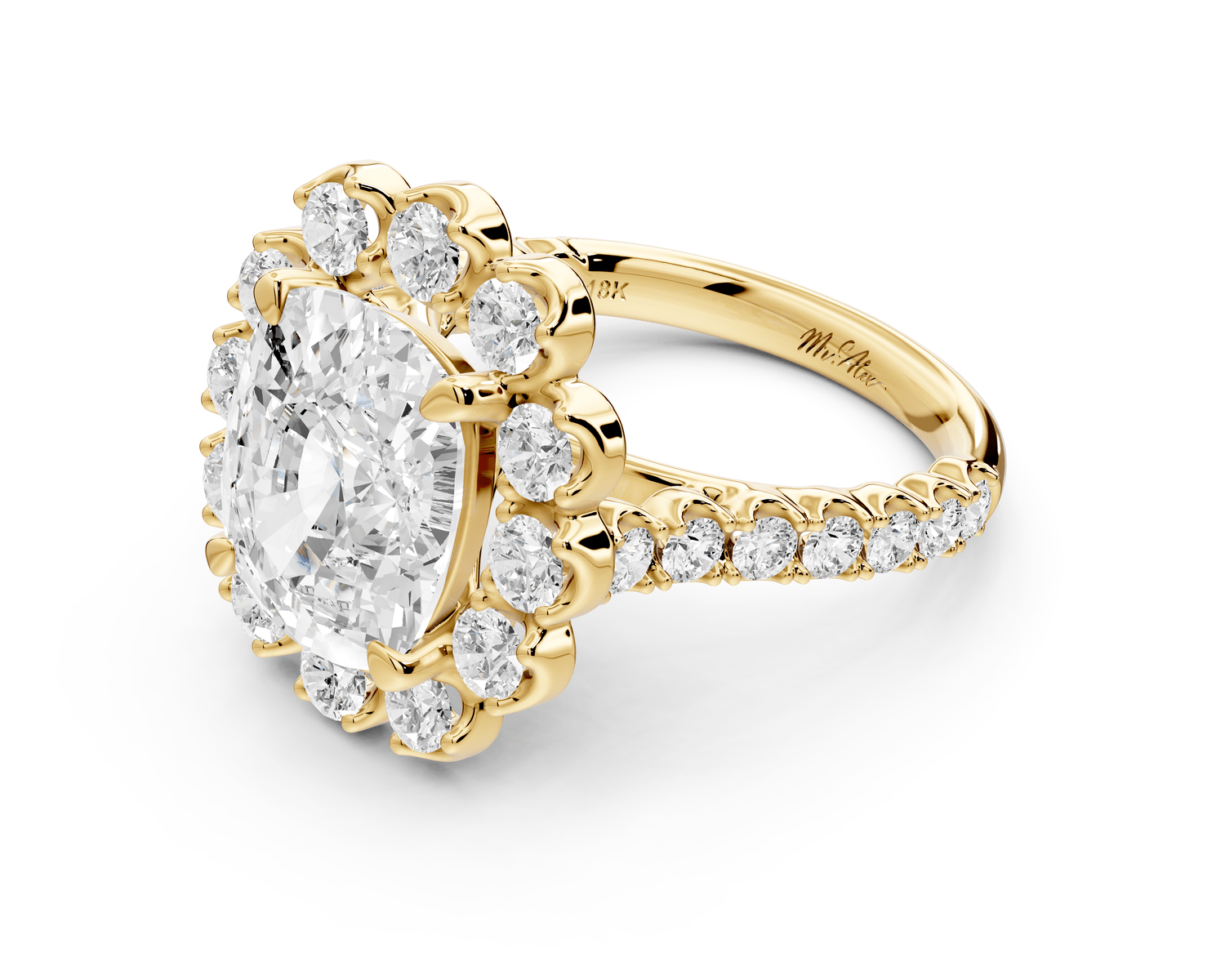 Anastasia - 5ct 14k yellow gold ecushion Diamond with Floral Halo and Pavé engagement Ring - Mr. Alex Jewelry