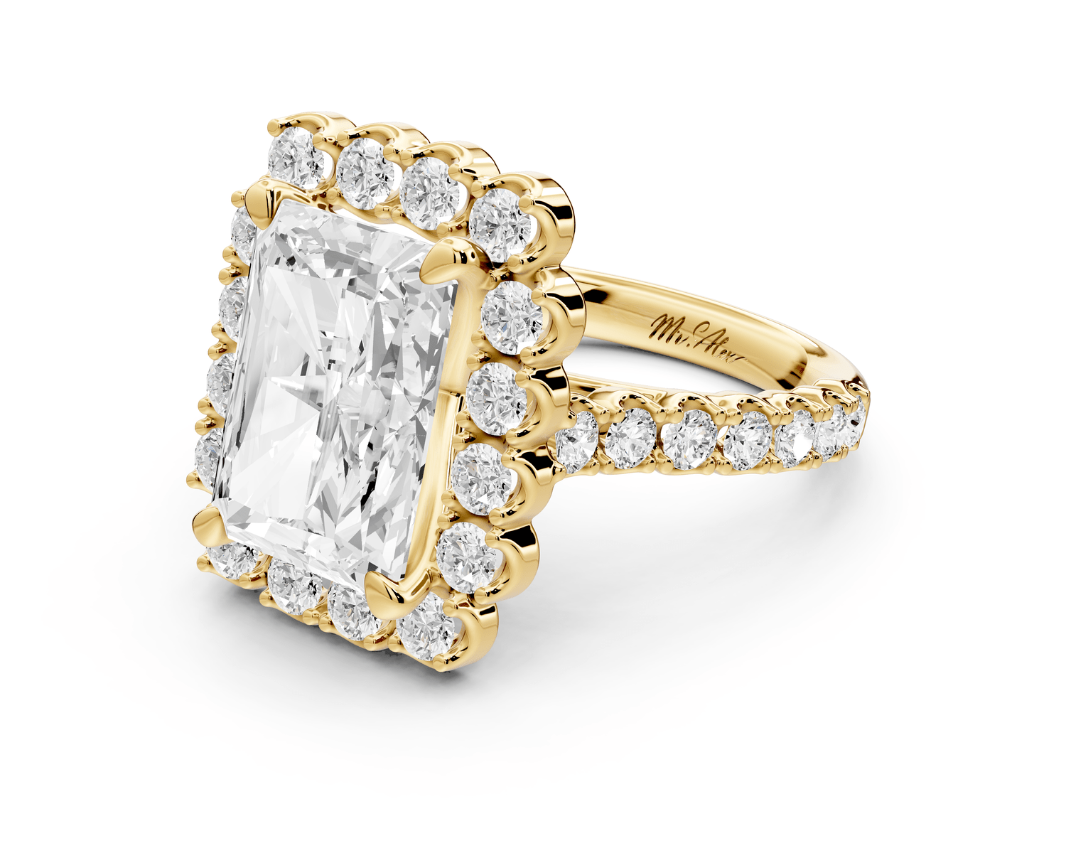 Anastasia - 5ct 14k yellow gold radiant Diamond with Floral Halo and Pavé engagement Ring - Mr. Alex Jewelry