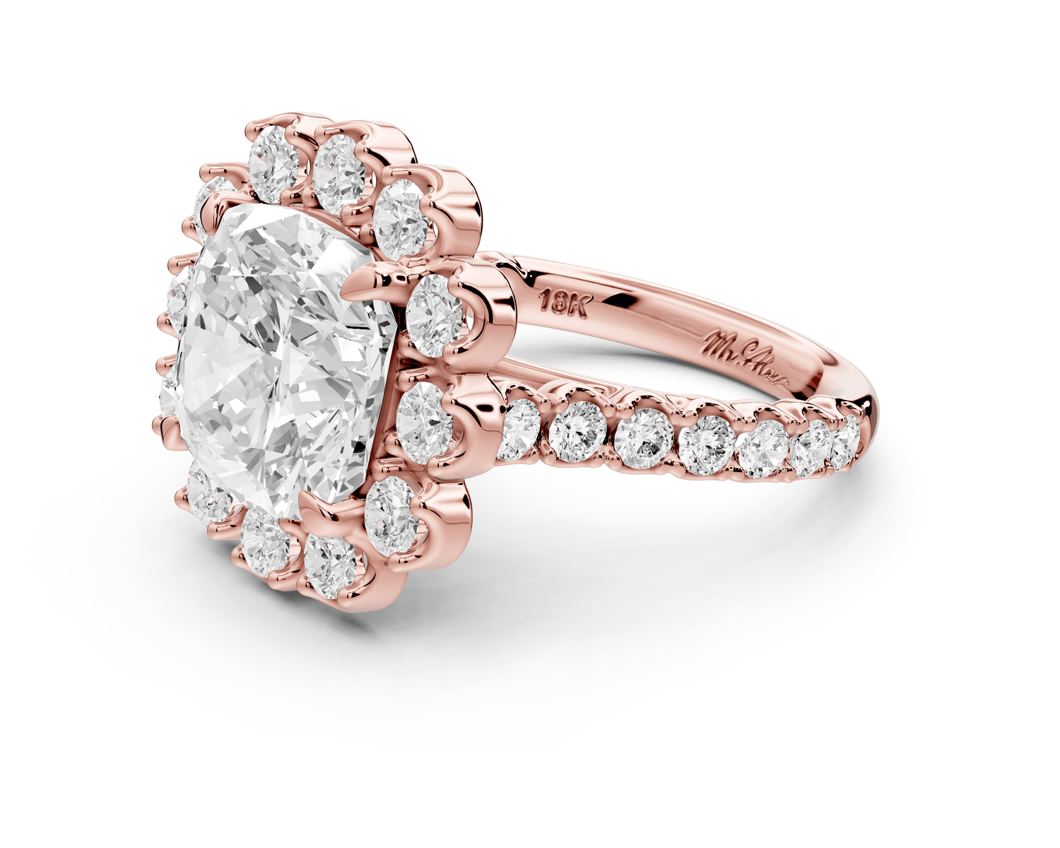 Anastasia - 5ct 18k rose gold cushion Diamond with Floral Halo and Pavé engagement Ring - Mr. Alex Jewelry