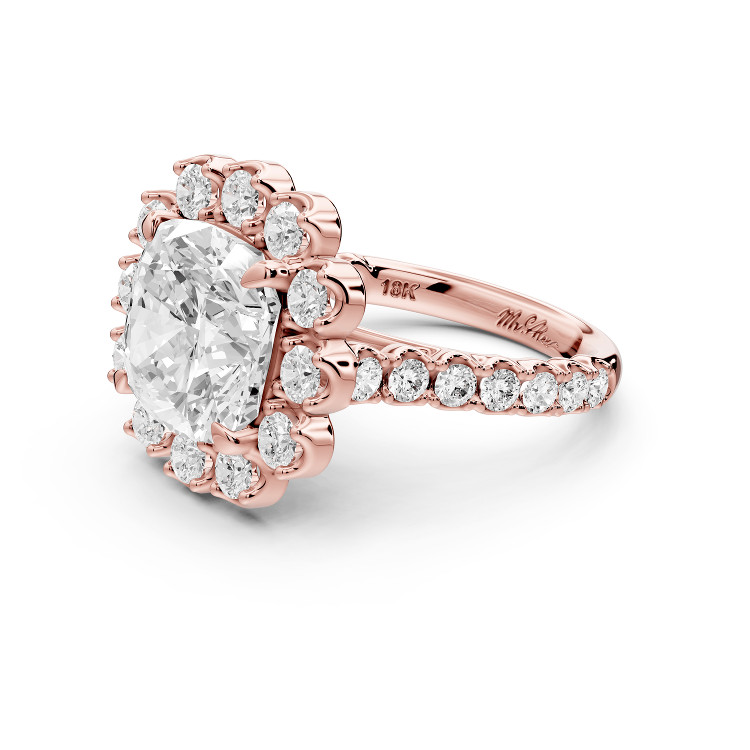 Anastasia - 5ct 18k rose gold cushion Diamond with Floral Halo and Pavé engagement Ring - Mr. Alex Jewelry