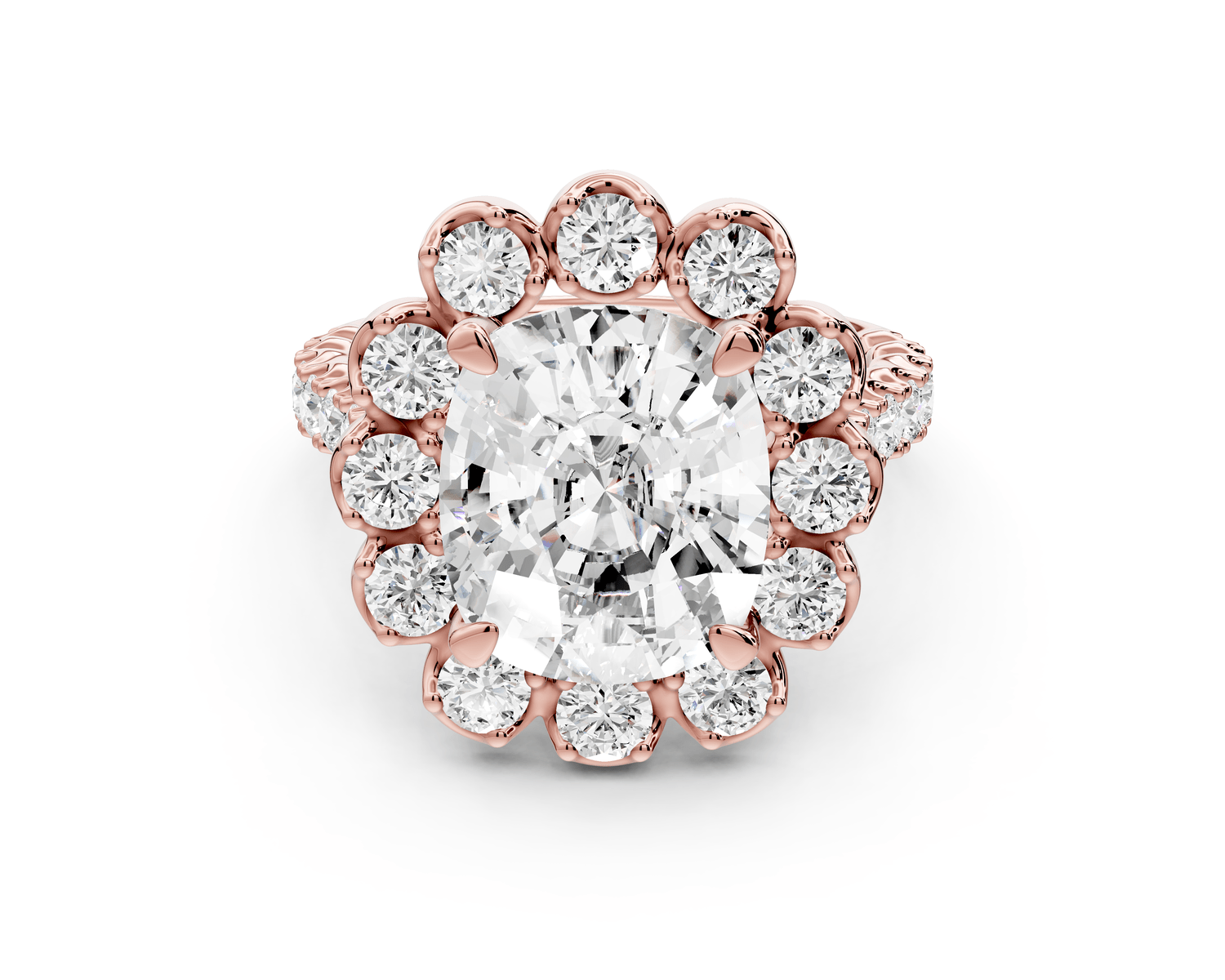 Anastasia - 5ct 18k rose gold ecushion Diamond with Floral Halo and Pavé engagement Ring - Mr. Alex Jewelry