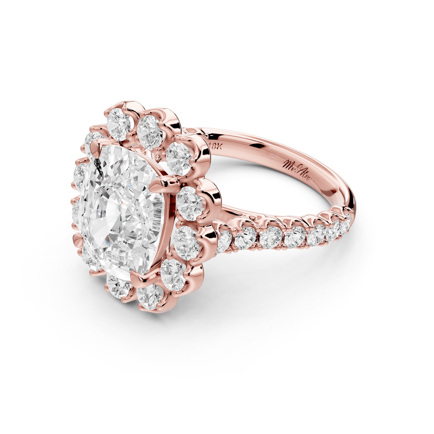 Anastasia - 5ct 18k rose gold ecushion Diamond with Floral Halo and Pavé engagement Ring - Mr. Alex Jewelry