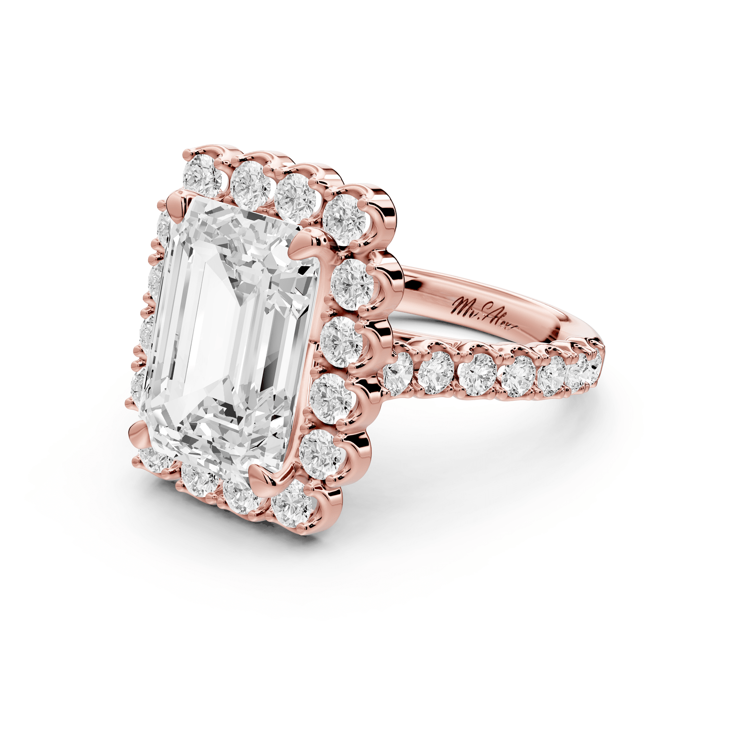 Anastasia - 5ct 18k rose gold emerald Diamond with Floral Halo and Pavé engagement Ring - Mr. Alex Jewelry