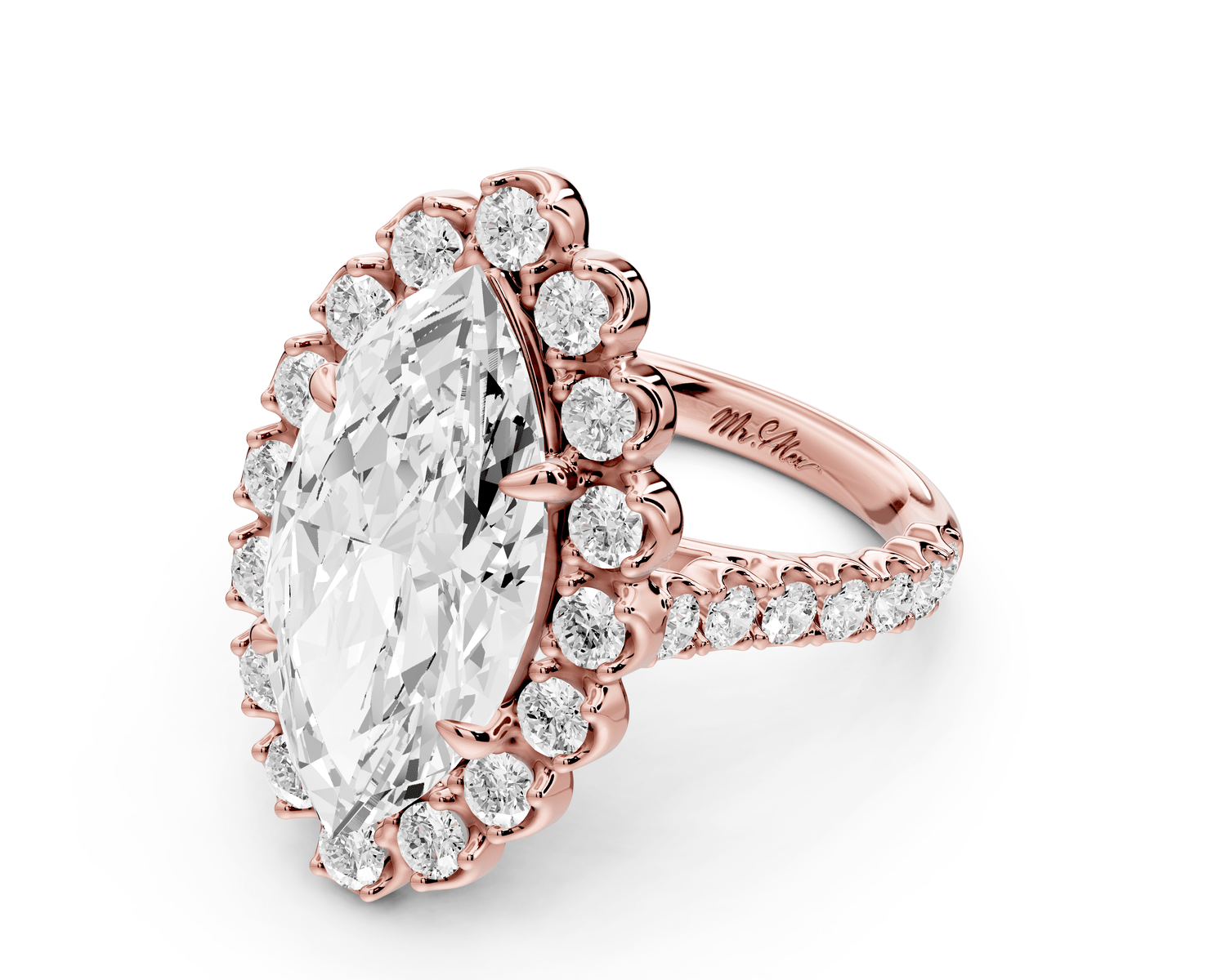 Anastasia - 5ct 18k rose gold marquise Diamond with Floral Halo and Pavé engagement Ring - Mr. Alex Jewelry