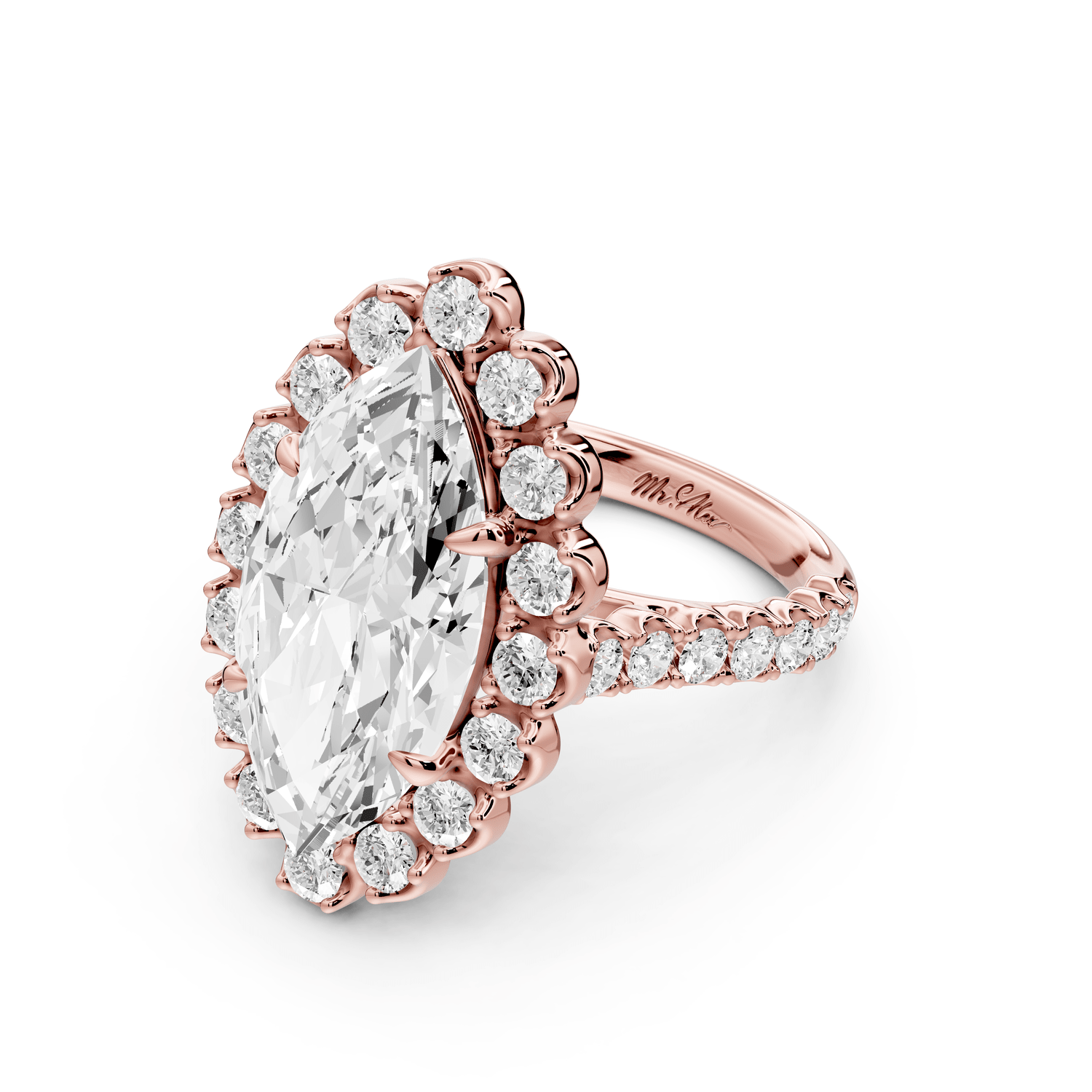 Anastasia - 5ct 18k rose gold marquise Diamond with Floral Halo and Pavé engagement Ring - Mr. Alex Jewelry