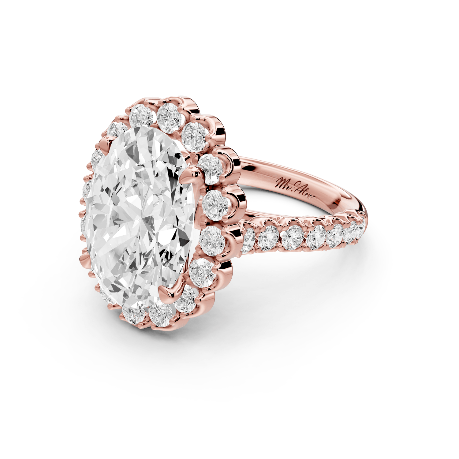 Anastasia - 5ct 18k rose gold oval Diamond with Floral Halo and Pavé engagement Ring - Mr. Alex Jewelry